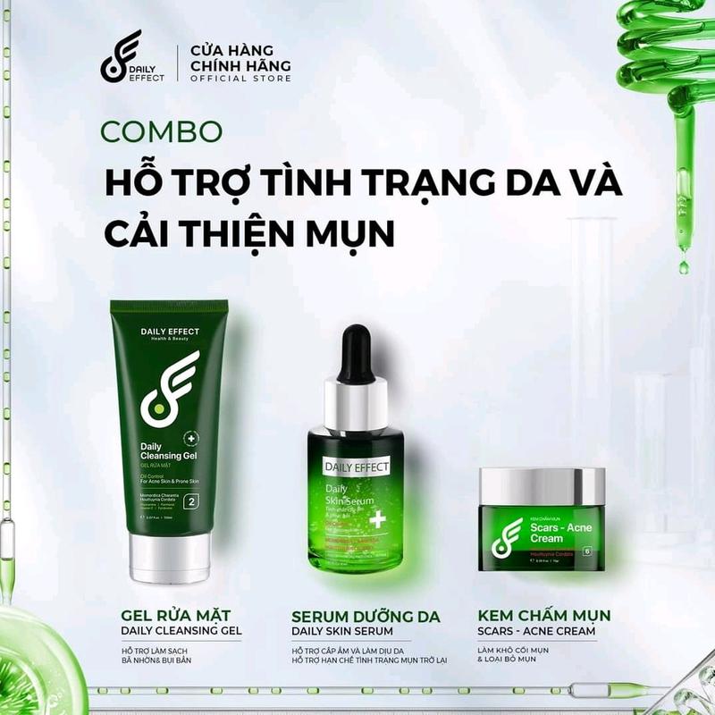 [ CAM KẾT GỬI ĐÚNG + TẶNG MẶT NẠ ] Combo Hỗ Trợ Cải Thiện Mụn - Cấp Ẩm & Làm Dịu Da DAILY EFFECT (sữa rửa mặt, kem trị mụn & serum cấp ẩm và làm dịu da) Skincare Nữ chấm sưa rủa