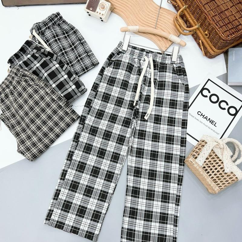 ￼Quần KẺ QUỐC DÂN suông ống rộng kẻ caro cho bé gái từ 19-45 kg chất thô mềm quần dạ