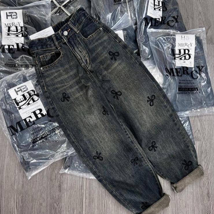 |[BG061]|- Quần jean baggy nữ  [THÊU NƠ NHỎ] dáng 9 tấc lưng thun không co giãn Women Pants Có Túi Denim