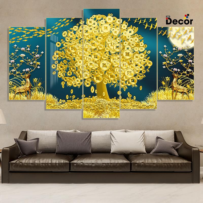 Tranh cây Kim tiền - Tranh gỗ TRÁNG GƯƠNG dán tường bộ 5 tấm- Trang trí Decor phòng 0
