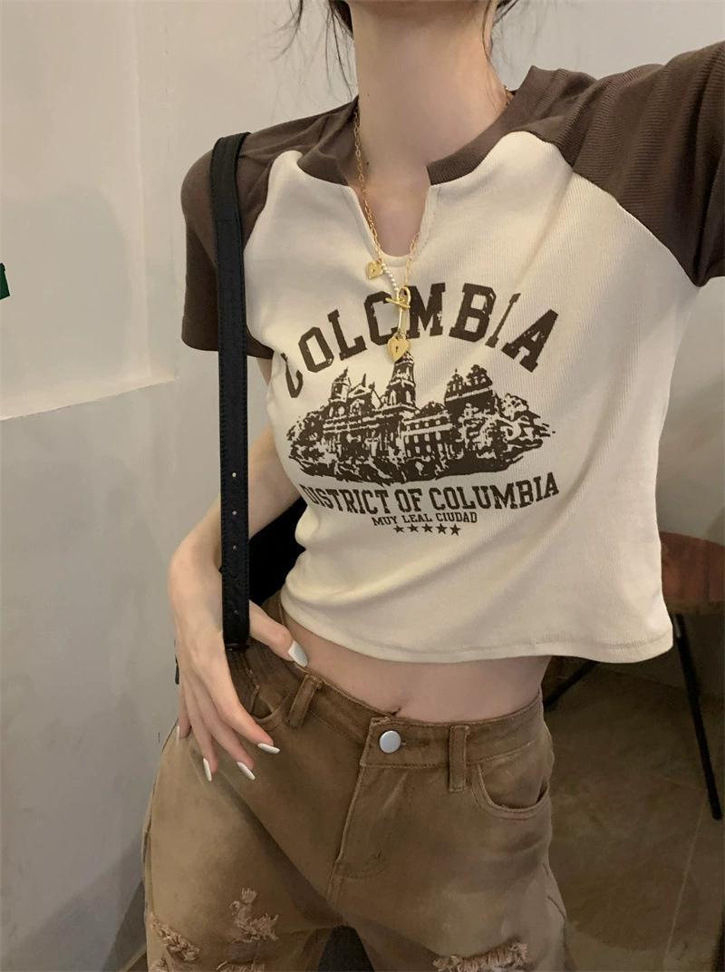 Product Introduction of Trendy V-Neck Short Sleeve T-Shirt for Women Spring Summer 25 Styles Sweet and Spicy American Retro Design Short Student Top Fashion 10