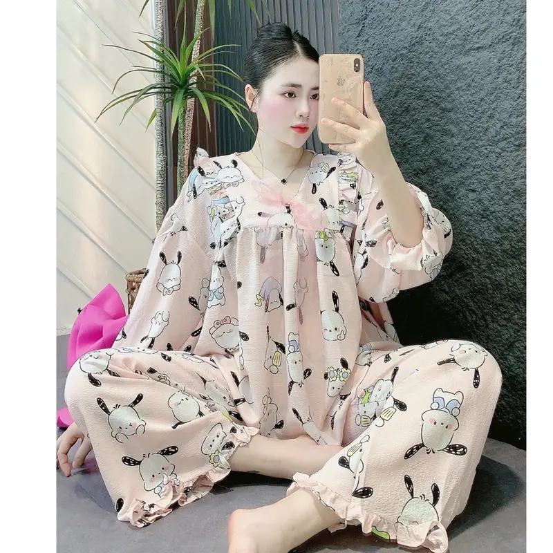 Set Bộ áo quần dài BaByDoll Đũi Xốp In hoạ tiết dễ thương . Nữ 2