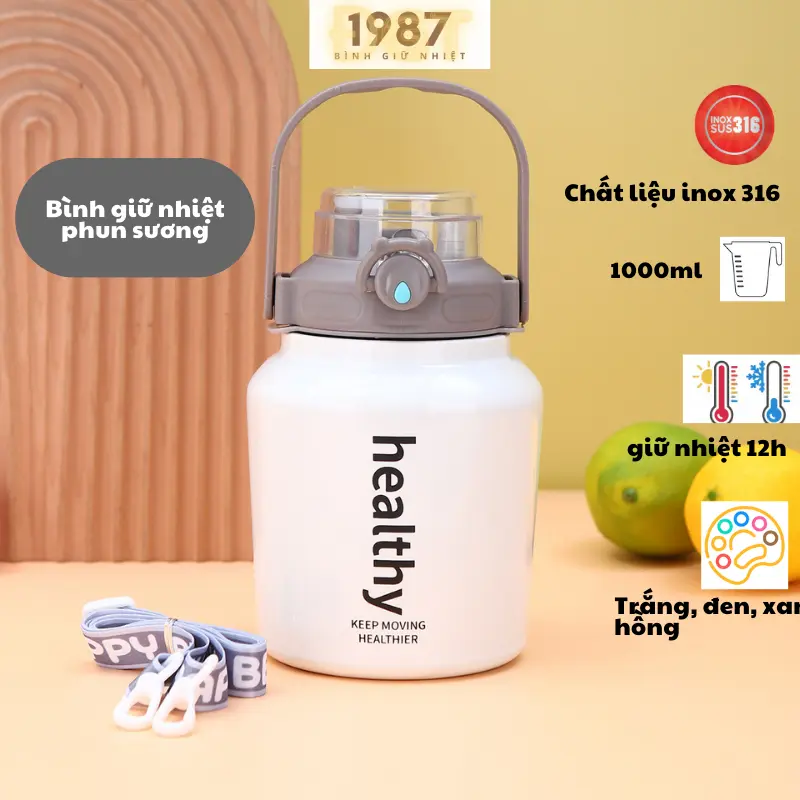 Bình giữ nhiệt inox 316 dung tích 1000ml Healthy giữ nhiệt 12h có quai xách dây đeo, có xịt phun sương trên nắp bình 0