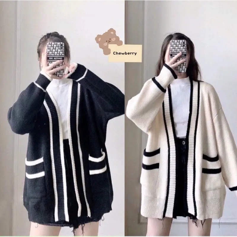 Áo cadigan viền đen trắng from rộng nam nữ mặc