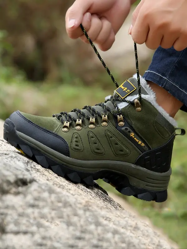 Men's Solid Color Lace Up Ankle Boots, 2024 New Style Casual Sporty Warm Snow Boots for Outdoor Hiking, Non-slip Comfortable Camping Shoes for Fall & Winter 0