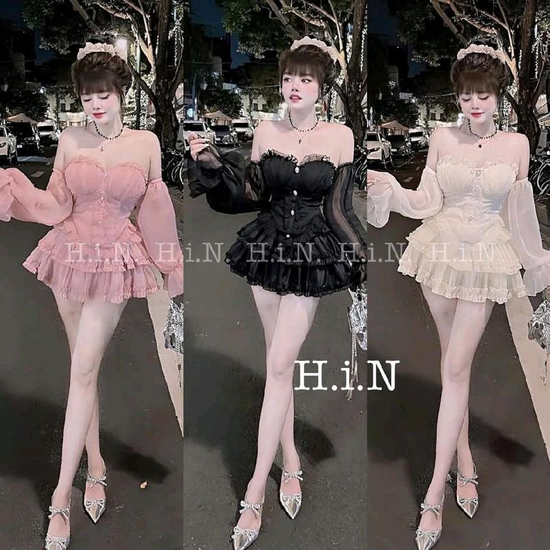 Set đồ đẹp áo trễ vai tay dài viền bèo kèm chân váy tầng xoè váy xinh đi chơi, đi tiệc set hot Women Dress Voan - Top Tre