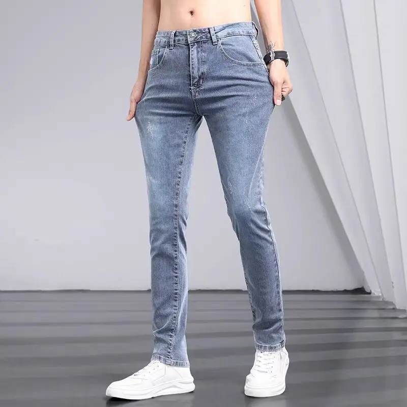 Quần Jean Màu Sáng, Cao Cấp, Thương Hiệu Thời Trang Nam, Dáng Ôm, Quần Co Giãn, Quần Dài Ống Đứng, Phong Cách Hàn Quốc, Hợp Xu hướng, Mùa Hè 2024 7