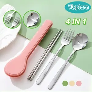 Vixplorn 3PCS Set Sendok Alat Makan Cutlery Garpu Sumpit Set Box Stainless Steel Travel Silver Peralatan Makan Portabel Dengan Kotak Praktis 401 Stainless Steel Garpu Sendok Sumpit
