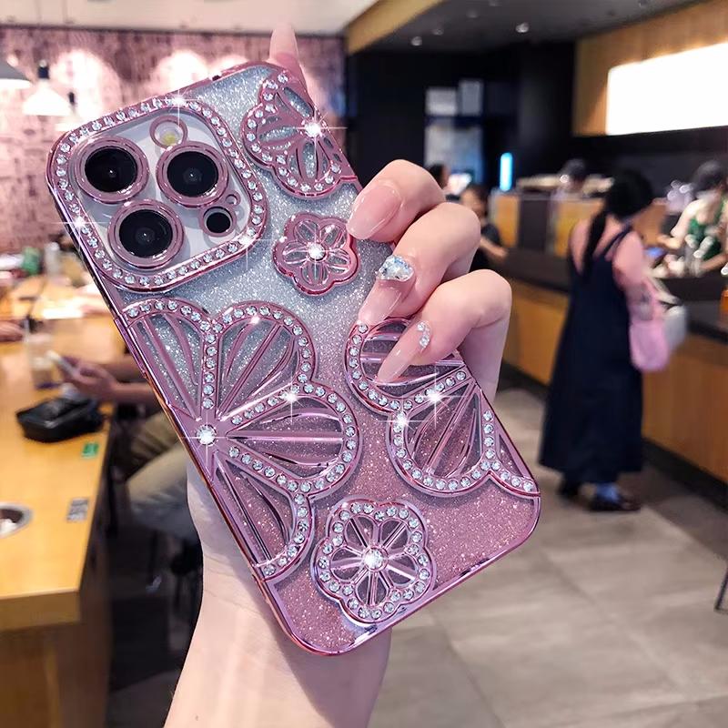 Product Introduction of Luxury Glitter 3D Diamond Flower Phone Case For iPhone 16 15 14 13 12 11 Pro Max Plus Gradient Shockproof Electroplated Cover 1