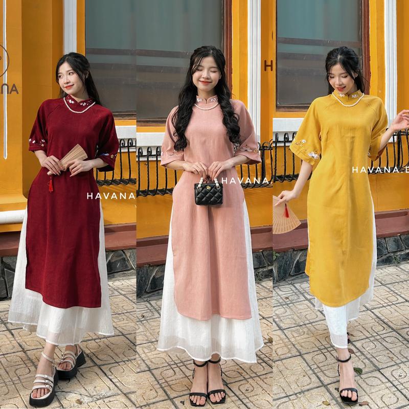 HÀNG CÓ SẴN Áo dài cách tân nhung thêu hoa kèm chân váy voan tơ HAVANA AD22