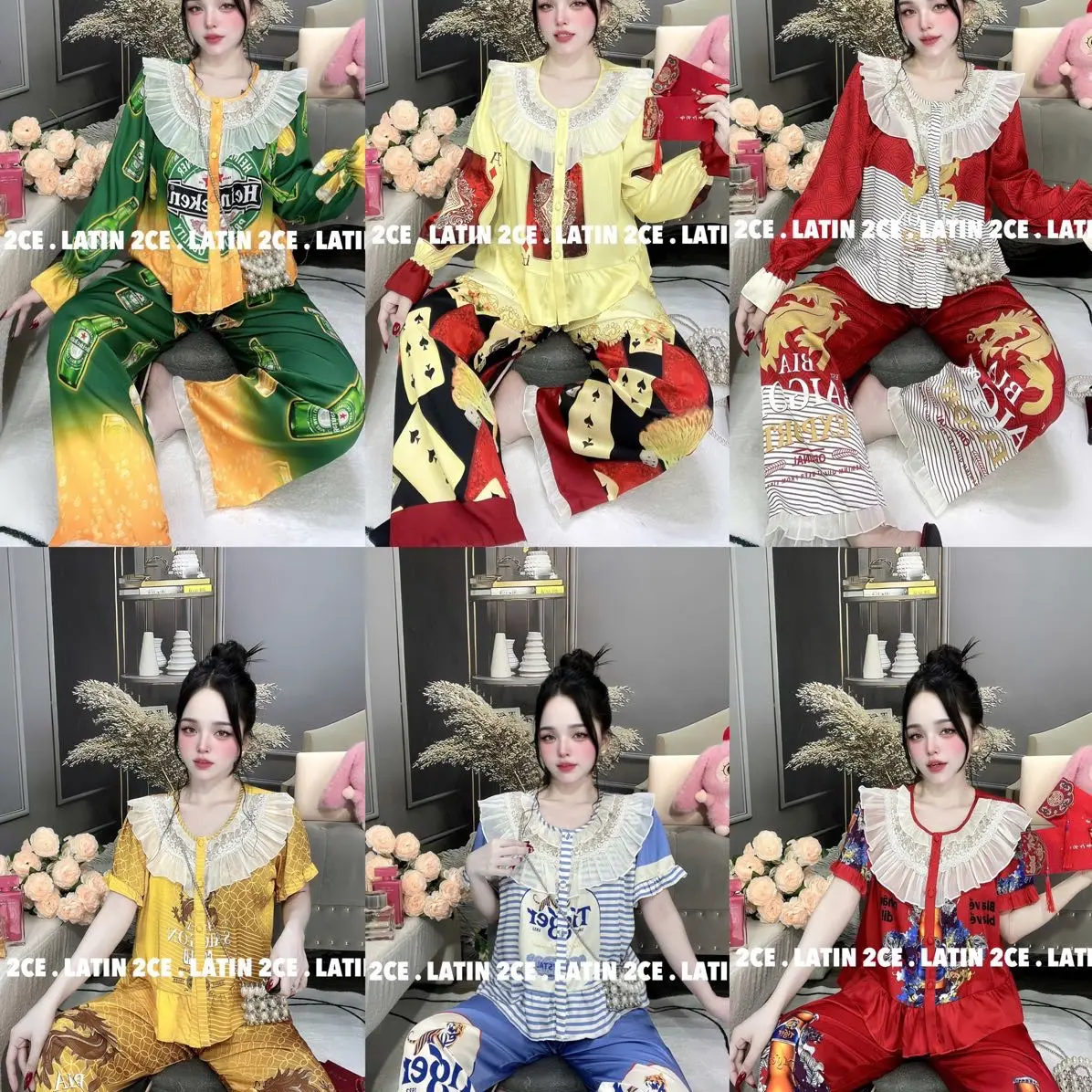 Bộ Quần Áo Lụa Mịn Tiểu Thư Phối Voan 2CE Bông - Màu Trơn, Chấm Bi, 40-60kg - Voi, Sen đồ pijama đồ  bộ macnha Women Nữ