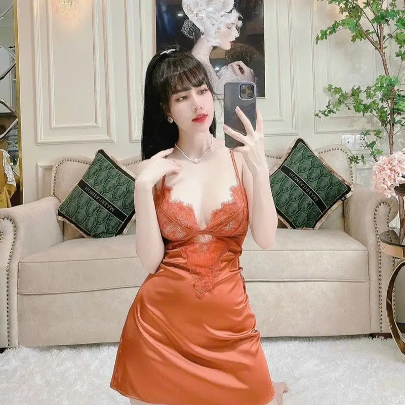 ￼ Váy ngủ sexy phối ren cúp ngực sang chảnh, đầm ngủ lụa dáng suông gợi cảm HT178 0