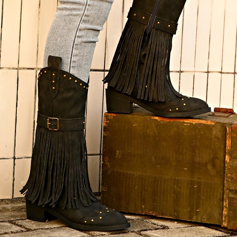 Product Introduction of Fashion-forward Womens Tassel Heel Boots - Luxurious Tassel Accents & Shimmering Beads, Chunky Heel, Smooth Side Zipper for Easy On/Off, Ultimate Comfort for All-Day Wear Girl Footwear 25