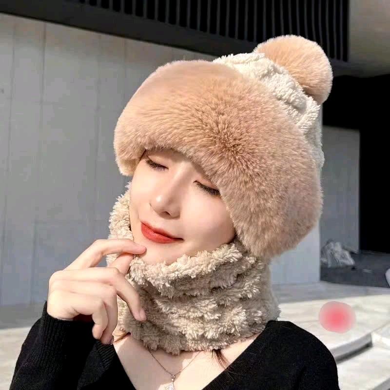 Mũ quả bông kèm khăn quàng bịt kín ấm áp cho mùa đông họa tiết len nổi Hat Nón Women Nữ 3