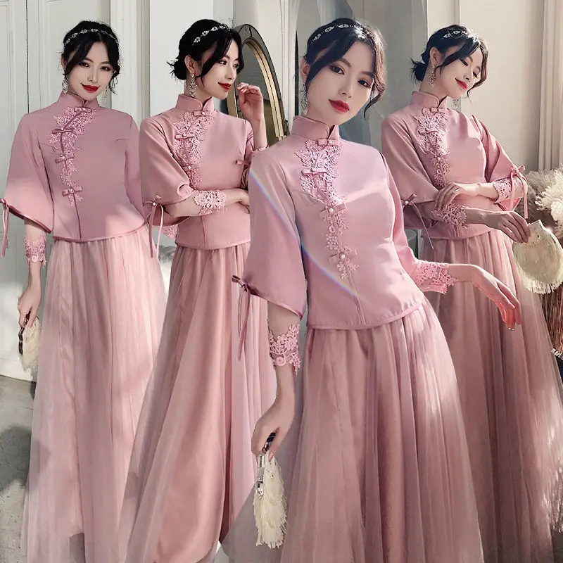 Váy Phù Dâu Dài Trung Quốc, Phong Cách Trung Quốc Mới, Nhóm Chị Em Tangzhuang, Xiuhe, Bạn Gái, quần Áo Ngoại Cỡ, Áo Cưới, Váy Cưới calem quần, Dress, Tay Phồng, Women 2