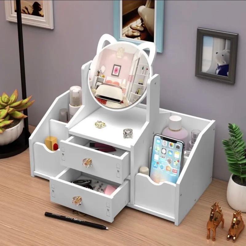 Tủ để đồ trang điểm mini, kệ đựng mỹ phẩm mini có gương tai mèo thiết kế tiện lợi Lắp Ráp