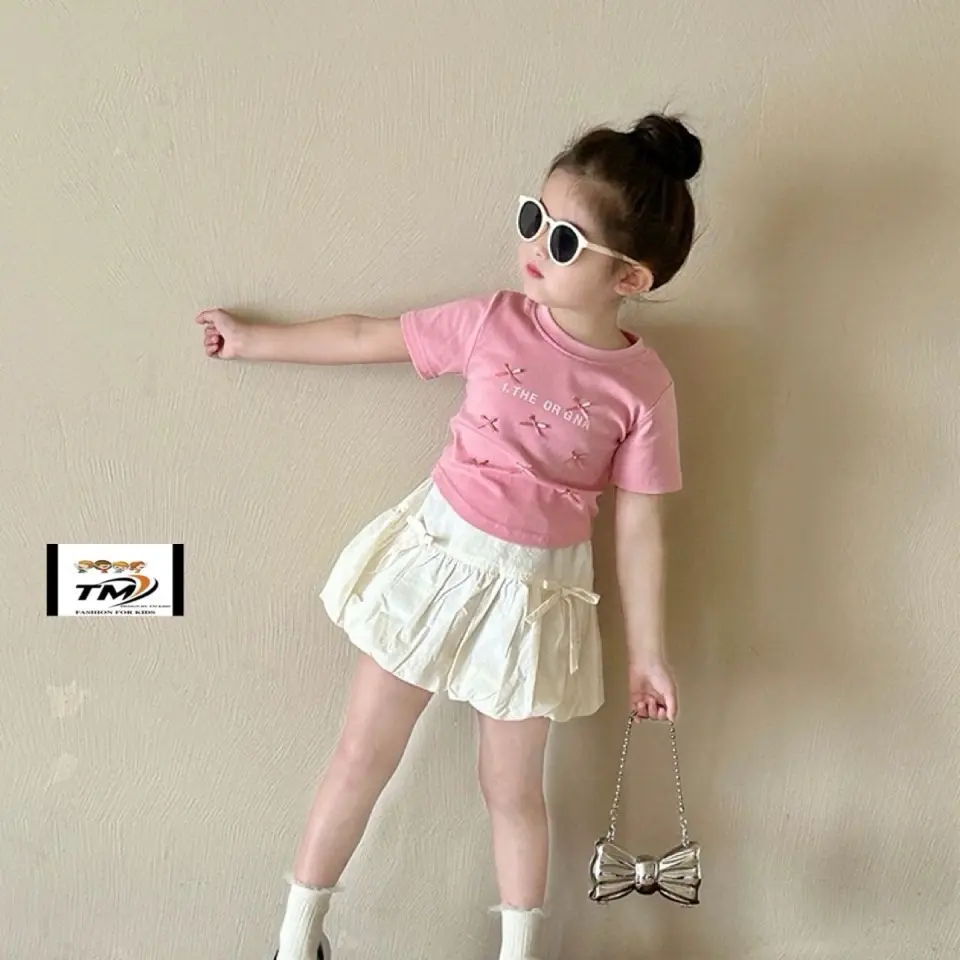 Bộ áo thun cotton đính nơ bà quần short phồng siêu đáng yêu cho bé gái