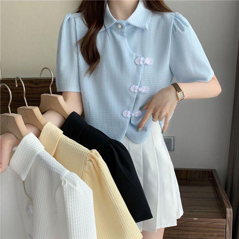 Product Introduction of Cheongsam Button Polo Collar Short-Sleeved Shirt Women's Summer 2025 New Design Sense Niche High-Grade Short Shirt Fashion Top Womenswear Blouse Lingerie Casual Comfort Basic Collared Minimalist 1