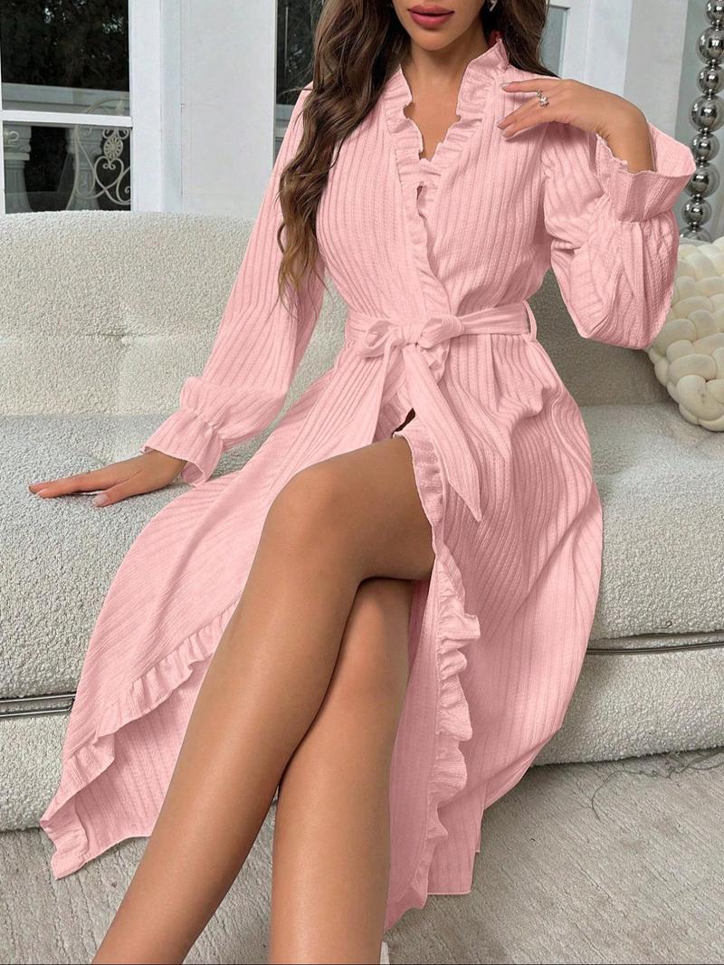 Product Introduction of Women's Solid Color Ruffle Trim Belted Lounge Robe, Casual Long Sleeve Open Front Robe for Women, Ladies Sleepwear for All Seasons 6