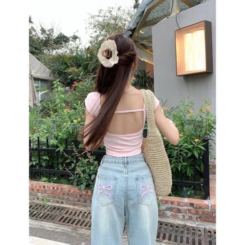 (CÓ NẤM LÙN) QUẦN JEAN NỮ ỐNG XUÔNG PHỐI THÊU NƠ HỒNG SAU TÚI CỰC XINH ( mẫu mới 2024 ) quansuong namlun