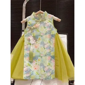 Dress Anak Perempuan Import Model Cheongsam Bunga Rabbit Brokat Tutu Kerah Tinggi Fashionable
