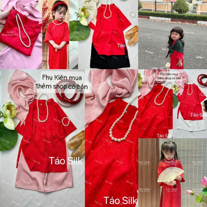 Bộ Áo Dài Bé Gái Cổ Trụ Màu Đỏ Vải Gấm Cao Cấp Chỉ Áo, Quần (Ảnh Shop Chụp) 1