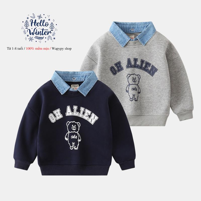 Áo nỉ lót bông WAPYPY cho bé áo nỉ dài tay cổ tháo rời cổ bẻ cá tính họa tiết thu đông 2025 Cotton