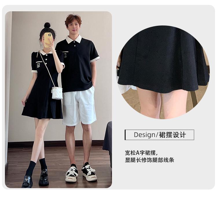 Product Introduction of Couple's outfit 2025 short sleeved lapel T-shirt, home women's waist collection, college style dress, one piece, one skirt, oversized size Womenswear Clothing 6
