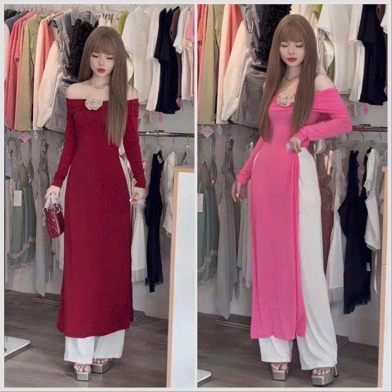 Bộ Áo Dài Cách Tân Đính Hoa, Áo Dài Đỏ, Áo Dài Hồng Tết Thun basic QC dày dặn Women Nữ Dress 3