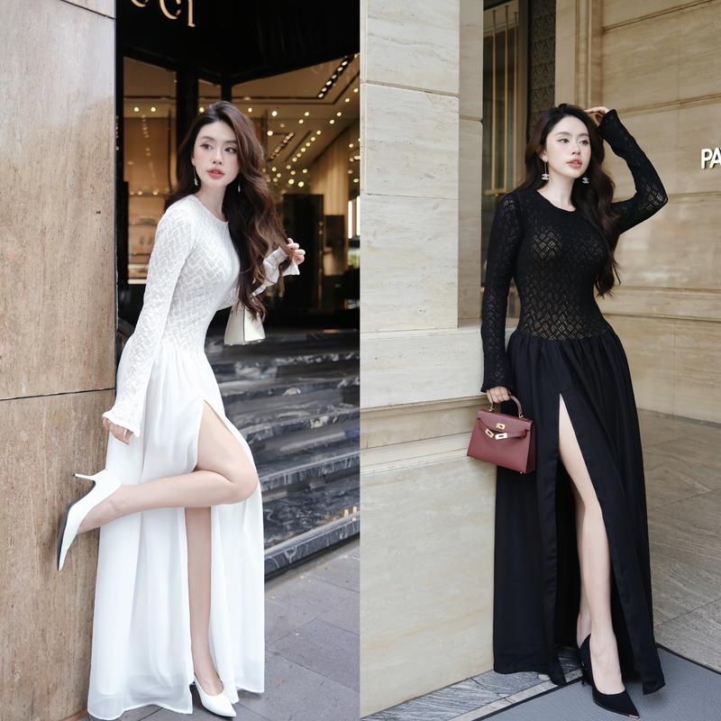 G.U - AMBER DRESS - Đầm maxi tùng voan thướt tha xẽ tà , thân trên len thun tay dài sang trọng Nữ Women Nhung