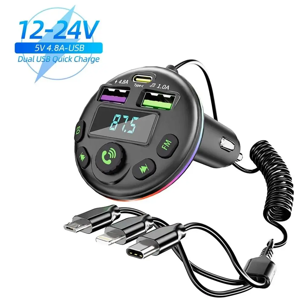 Bluetooth trên ô tô, máy phát FM 5.0, bộ điều chế MP3, máy nghe nhạc, bộ thu âm thanh rảnh tay với cáp sạc 3 trong 1 cho IPhone Huawei Xiaomi Phụ Kiện