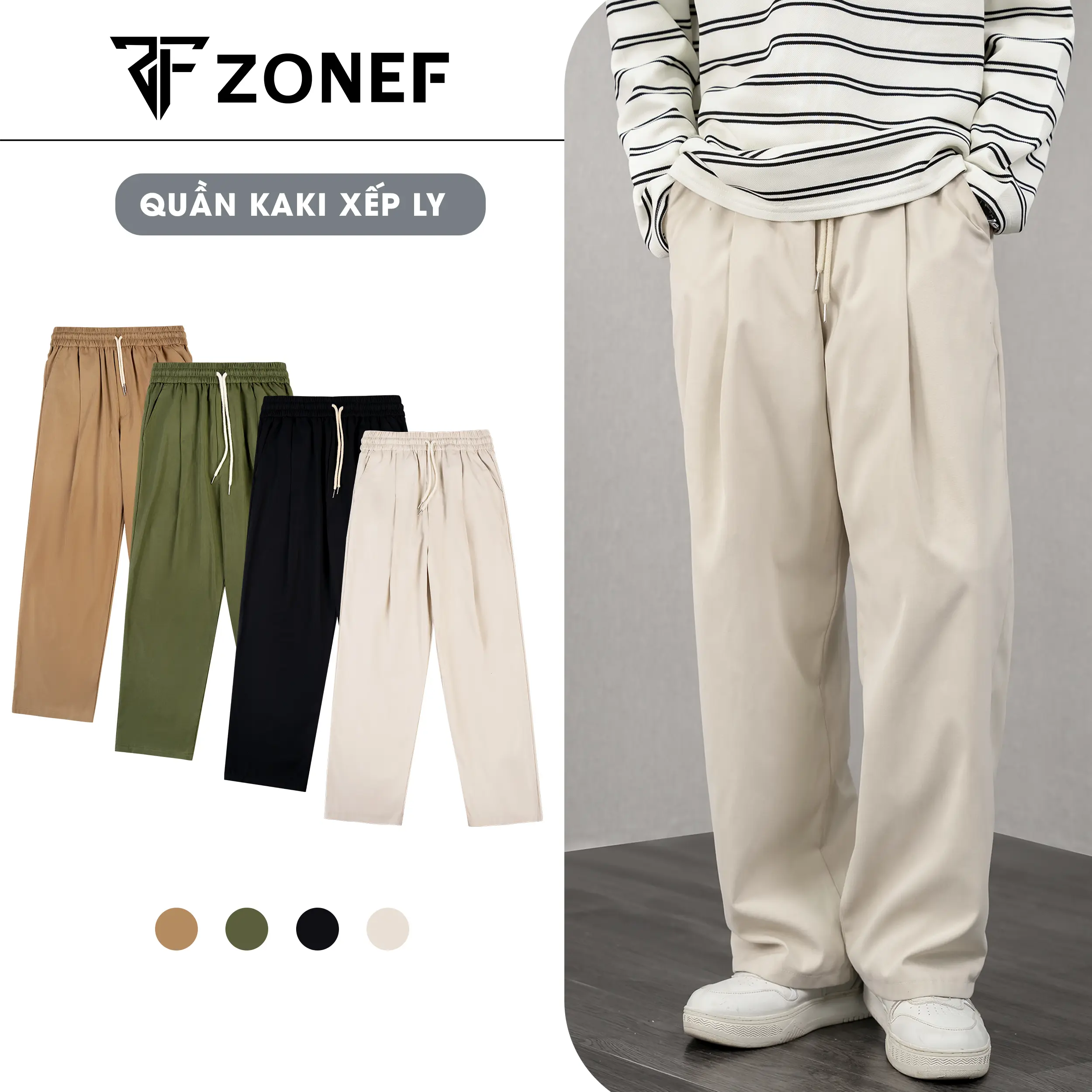 [COMBO 2 QUẦN KAKI] xếp ly dáng suông form rộng by Zonef Quần cạp chun ống rộng chất liệu kaki 2 da mềm mại, thoảng mát Nam Menswear Pants