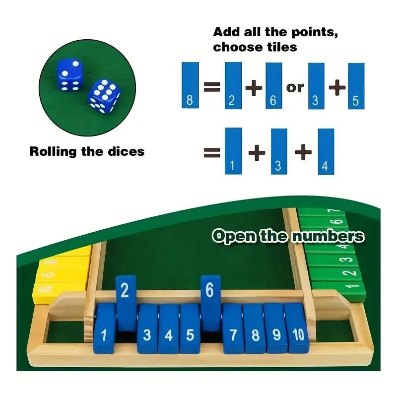 Wooden Shut the Box Dice Toy, 1 Set Classic 4 Sided Wooden Board Game, Tabletop Version Math Games for Party, Christmas Gift 3