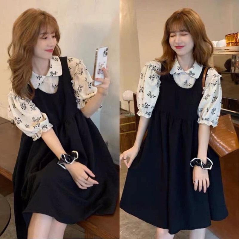 Sét Váy Yếm Bầu công sở màu đen tay lỡ dáng suông dài xinh xắn Nữ 0