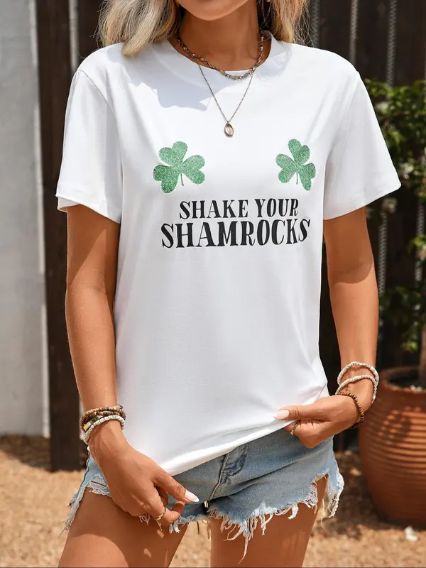 Women's Clover Print Round Neck Tee, Fashion Casual Crew Neck T-Shirt for Daily Holiday Vacation Outdoor Wear, Ladies Clothes for Summer, Top 3