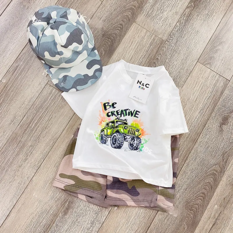 Bộ cotton 3 món bé trai KÈM MŨ LƯỠI TRAI rằn ri (size 8-17Kg) 0
