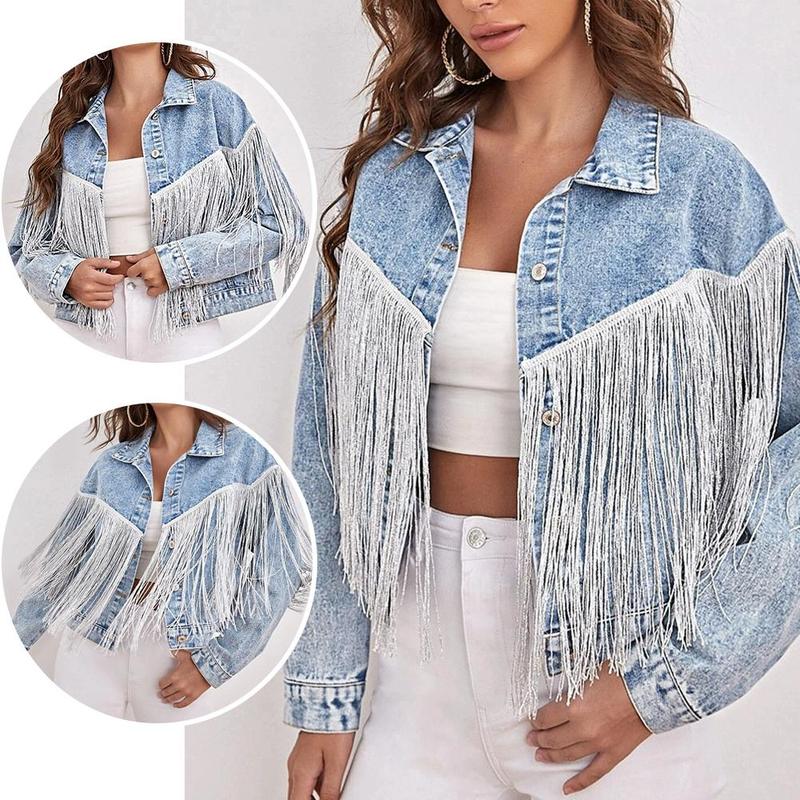 Product Introduction of Short Fringed Denim Jacket Light Blue Loose Fit Club Stage Style Spring Summer New Arrival Women's Fashion Outerwear Top 32
