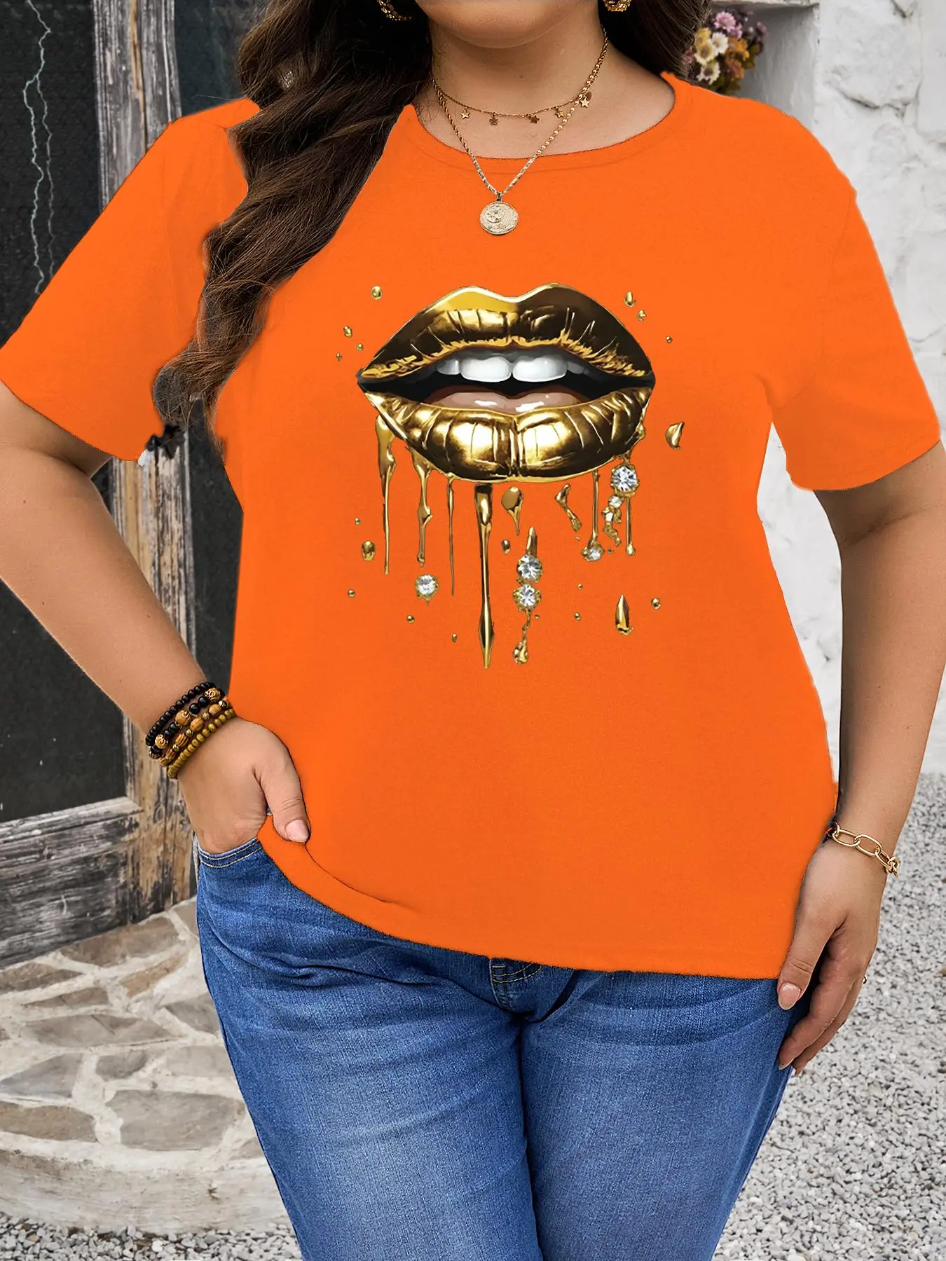【Plus Size】Rhinestone Decor Lip Print Round Neck Tee, Fashion Casual Graphic Print Crew Neck Short Sleeve T-shirt for Daily Outdoor Wear, Women Plus Clothing for Summer