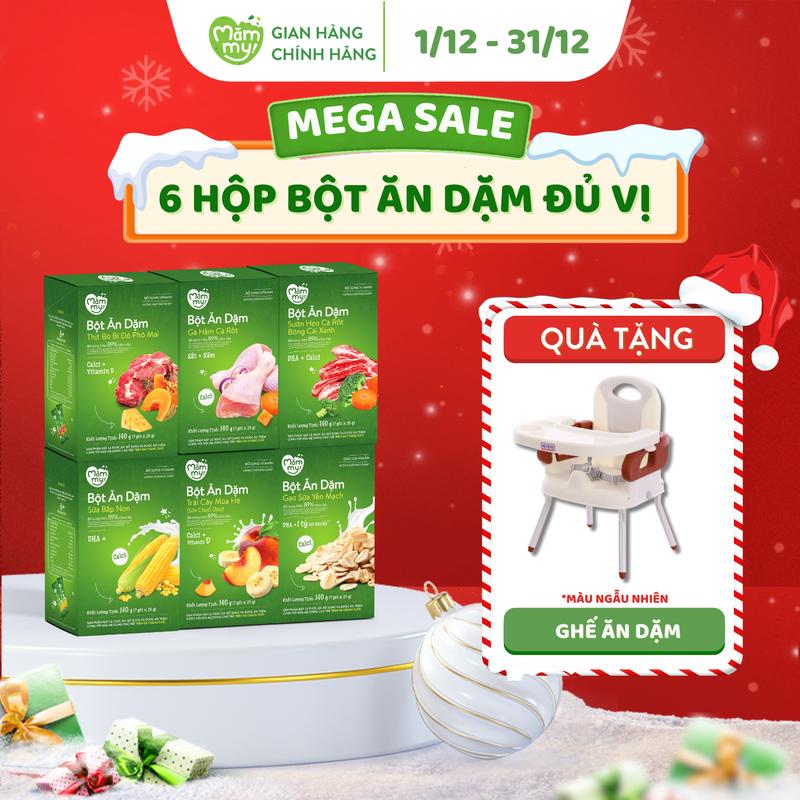 [Tặng GHẾ ĂN DẶM]  Combo 6 hộp bột ăn dặm Mămmy đầy đủ vị cho bé (bắp non, yến mạch, trái cây mùa hè, gà hầm cà rốt, thịt bò bí đỏ phô mai, cháo sườn heo cà rốt bông cải xanh) hộp 7 gói x 20g