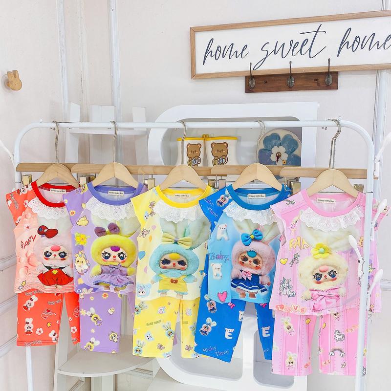 94GX- sét bộ quần dài tay ngắn in hoạ tiết babythree cho bé từ 10-35kg kèm theo nhún bèo ren cổ quần ống rộng áo dáng babydoll chất thun lạnh 3d co dãn mềm mát bé mặc nhà hay đi học đi chơi đều xinh đang được trợ giá kèm miễn ship