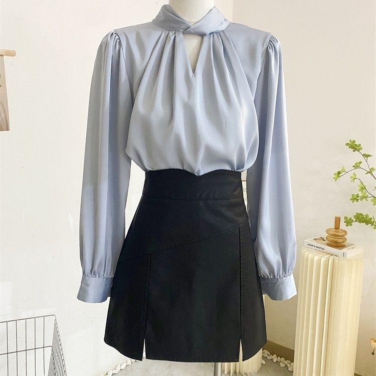Áo sơ mi xếp nếp cao cấp kiểu Pháp dành cho phụ nữ, thiết kế đẹp, Niche, thanh lịch, cơ sở mùa thu và mùa đông, áo sơ mi dài tay màu xám và Xanh Biển , thời trang 2