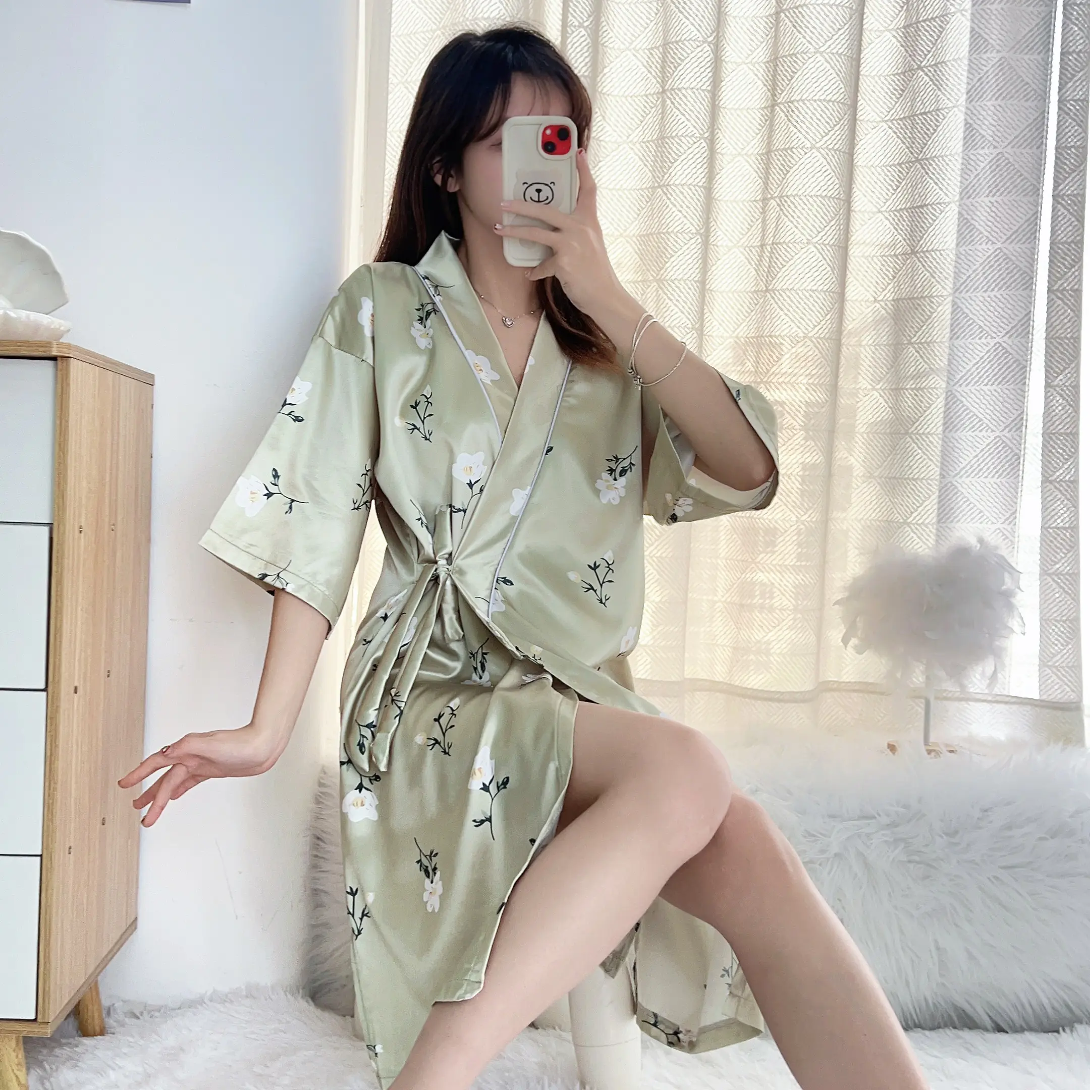 Ice Silk Nightdress Women's Half Sleeve Summer Silk Ice Silk Japanese Kimono V-neck Sexy Half-Sleeved Loose Nightdress