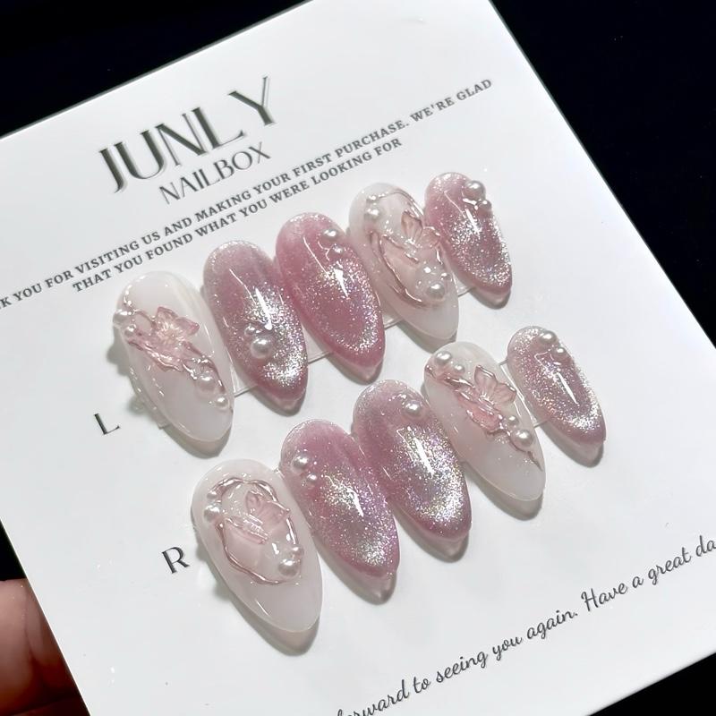 Mã 197 Nailbox Thiết Kế Mắt Mèo Hồng Đính Charm Dịu Dàng Nữ Tính Y2K  - Bộ Kit 10 Nail, Keo Mini, Dán Nail Chuyên Dụng, Dũa Mini, Giấy Lau, Cây Tăm Gỡ Nail - Women Làm Nail