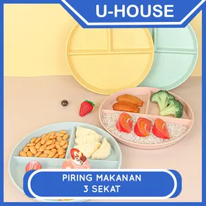U-House Piring Makanan 3 Sekat/ Bundar Tiga Kotak/ Peralatan Makan Satu Orang