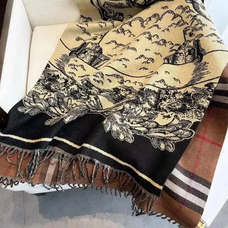 Khăn Quàng quàng cổ cashmere nhân tạo hai mặt, họa tiết kẻ sọc ngựa, dành cho phụ nữ, thời trang mới cho mùa đông, tua rua, khăn quàng choàng bên ngoài ấm áp, thương hiệu nổi tiếng Hoa Women 3