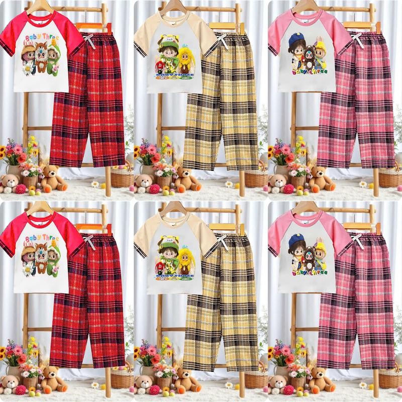Combo 3 Bộ Áo Cộc Quần Kẻ Xuông Cho Bé Gái Size 10-55kg Hinh in Bayby Three and labubu Hot Hot Cotton.