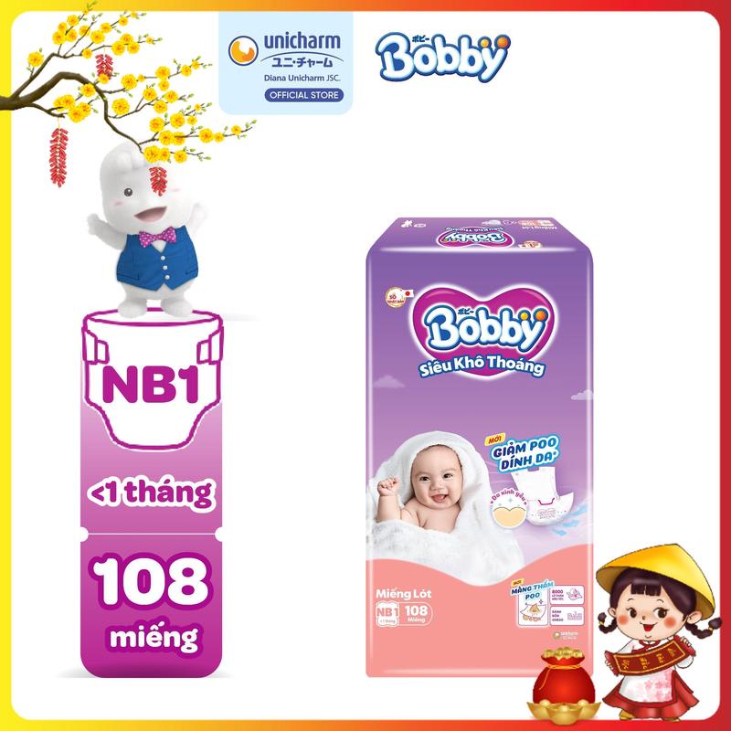  Bobby Miếng lót sơ sinh Newborn 1 - NB1  108 miếng 64 miếng 28 miếng  Siêu khô thoáng  bao bì ngẫu nhiên  