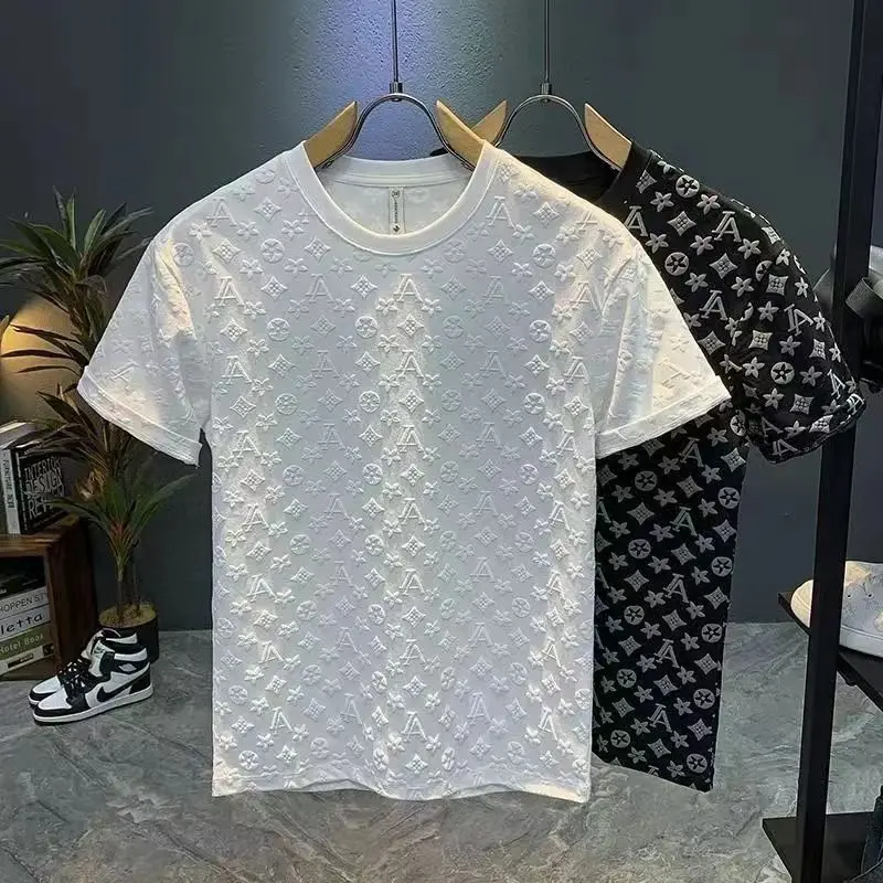 2024 Trendy Puff Print Men's Short-Sleeved T-shirt Summer New Ins Light Luxury Loose Crew Neck T-shirt Top