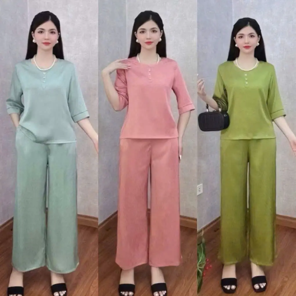 Bộ đồ lụa trung niên mặc nhà cho mẹ mềm mại, co giãn nhẹ tay lỡ quần dài