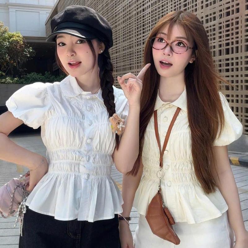 Áo Sơ Mi Cổ Sen Tay Bồng Nhún Eo Mùa Hè Cho Nữ